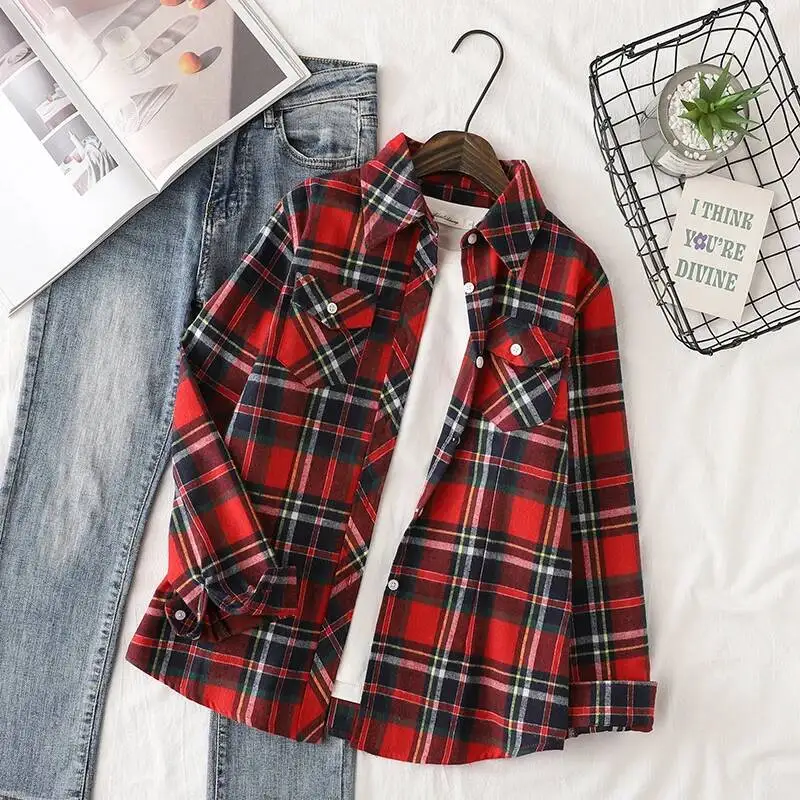 Katoen Flanel Plaid Shirts Vrouwen 2024 Herfst Nieuwe Vrouwelijke Casual Slim Fit Lange Mouw Blouses & Tops Dames Geruite Kleding
