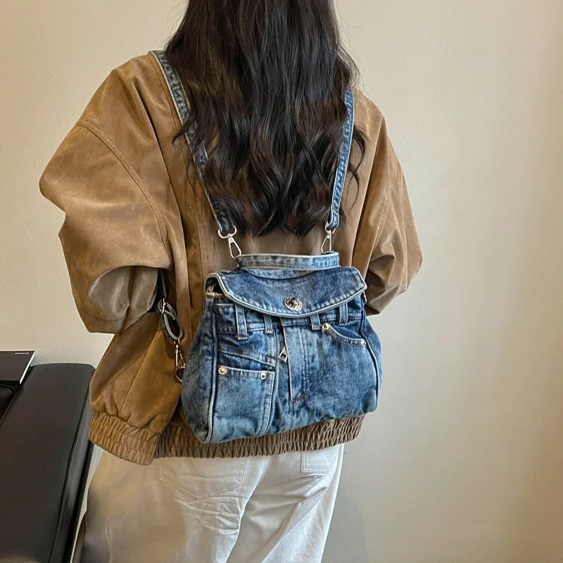 Fashion Vintage Denim Concise Crossbody Bags Multi‑Wear Elegant Sweet Backpack Jeans Fabric Casual Small Messenger Handbag