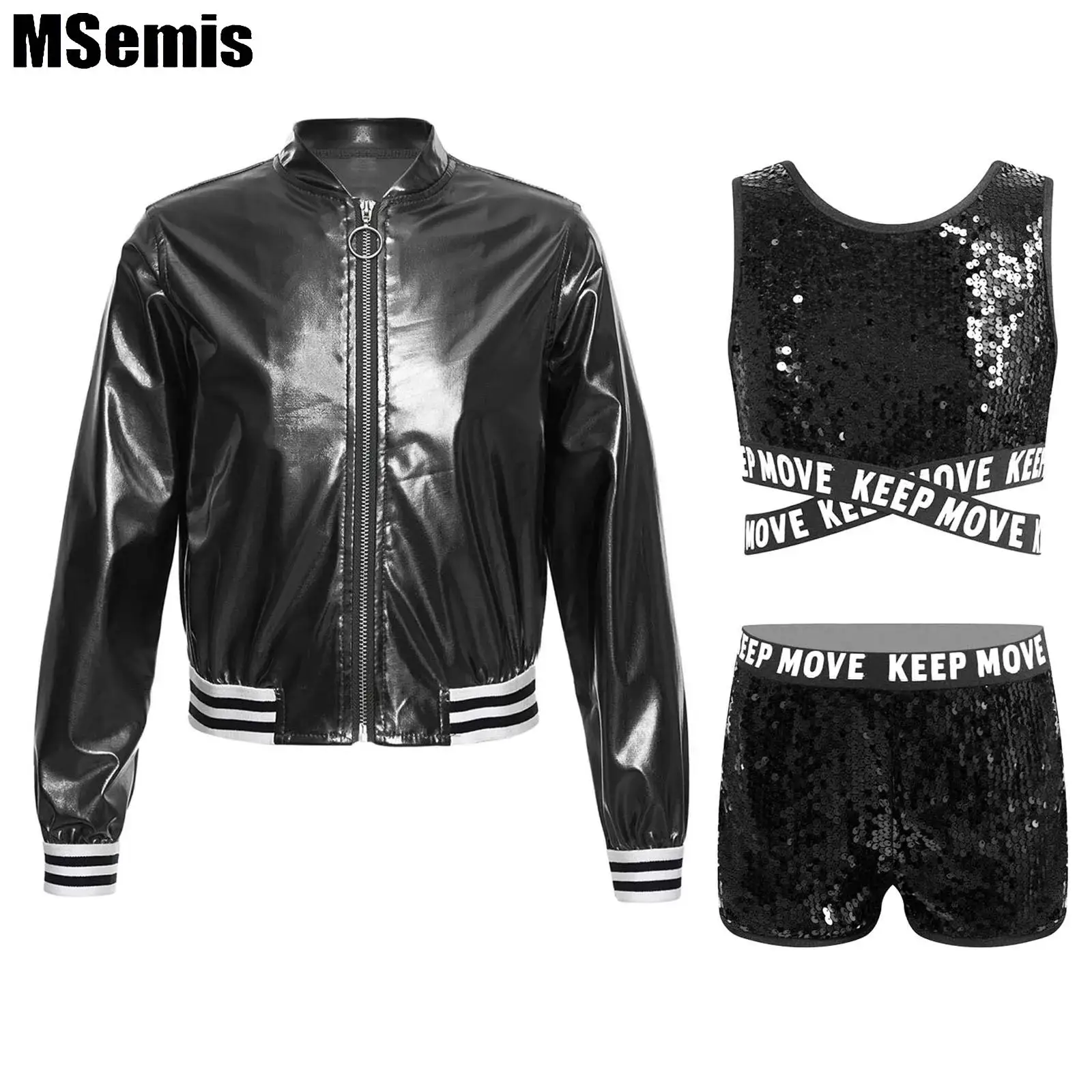 

Kids Girls Sequins Dance Outfit Sparkling Performance Costume Criss Cross Straps Bottom Crop Top with Shorts And Metallic Jacket