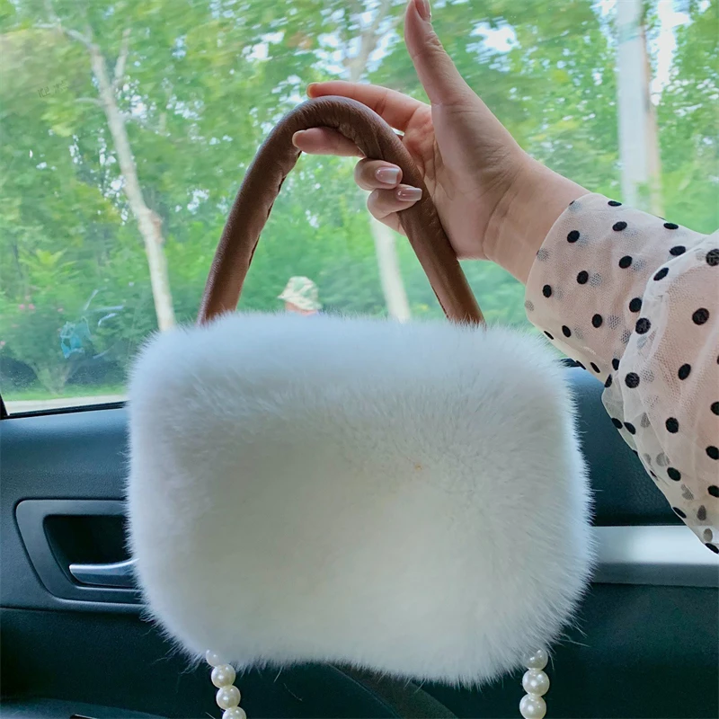 Women's Winter Imported Fur Tote Upscale Fox Fur Tote Fashion Pearl Chain Design Single Shoulder Straddle Bag