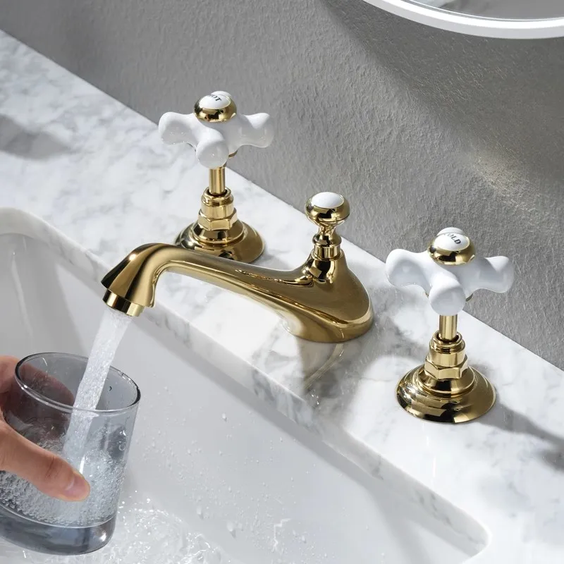 Tuqiu Basin Faucets Total Brass Widespread Bathroom Faucet  Gold Sink Faucets 3 Hole Hot And Cold Classical Faucet Water Tap