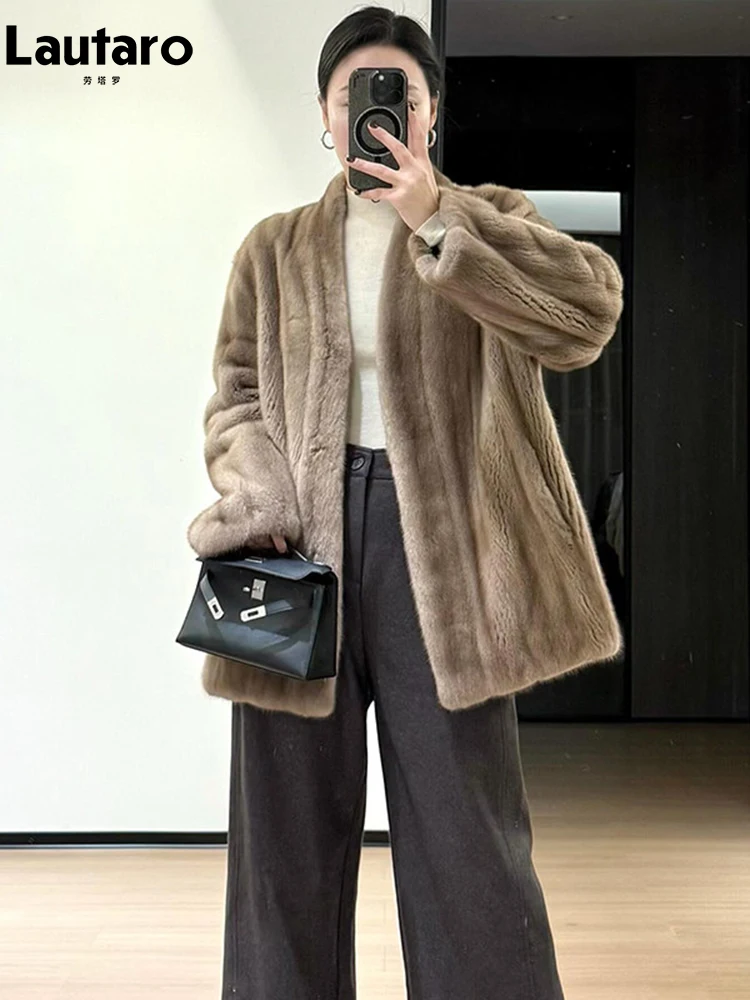 Lautaro Autumn Winter Thick Warm Faux Mink Fur Coat Women with V Neck Elegant Chic Fluffy Jacket Luxury Designer Clothes 2026