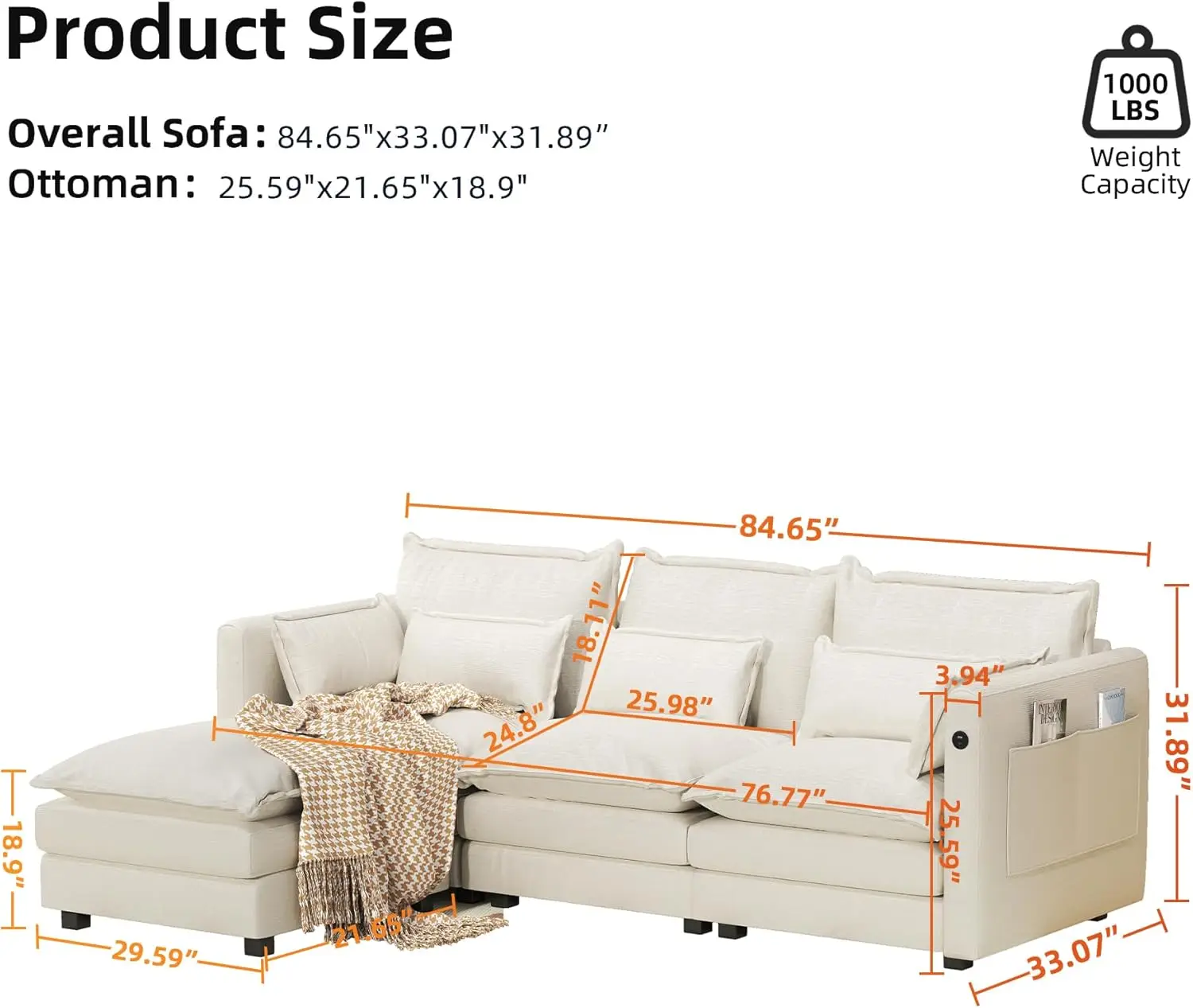 Edwell-sofá Modular en forma de L, Convertible, con puertos Usb y tipo C, tapizado moderno, Seccional de 3 plazas