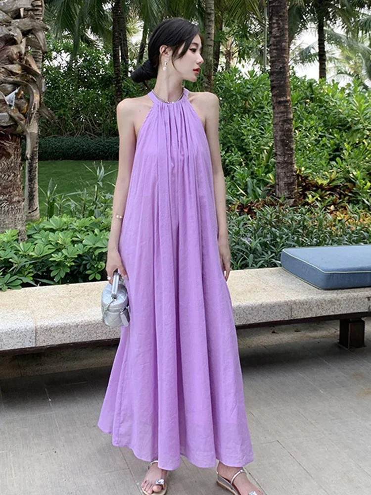 

Fairy Holiday Long Dress Women Vacation Casual Sweet Purple Tank Pockets Loose Maxi Robe Beach Seaside Sundress