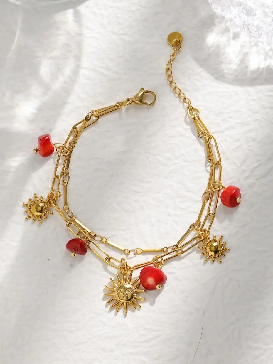 Stainless Steel Red Natural Stone Sun Pendant Double Bracelet Simple Irregular Chain Gold Women Jewelry Birthday Gift