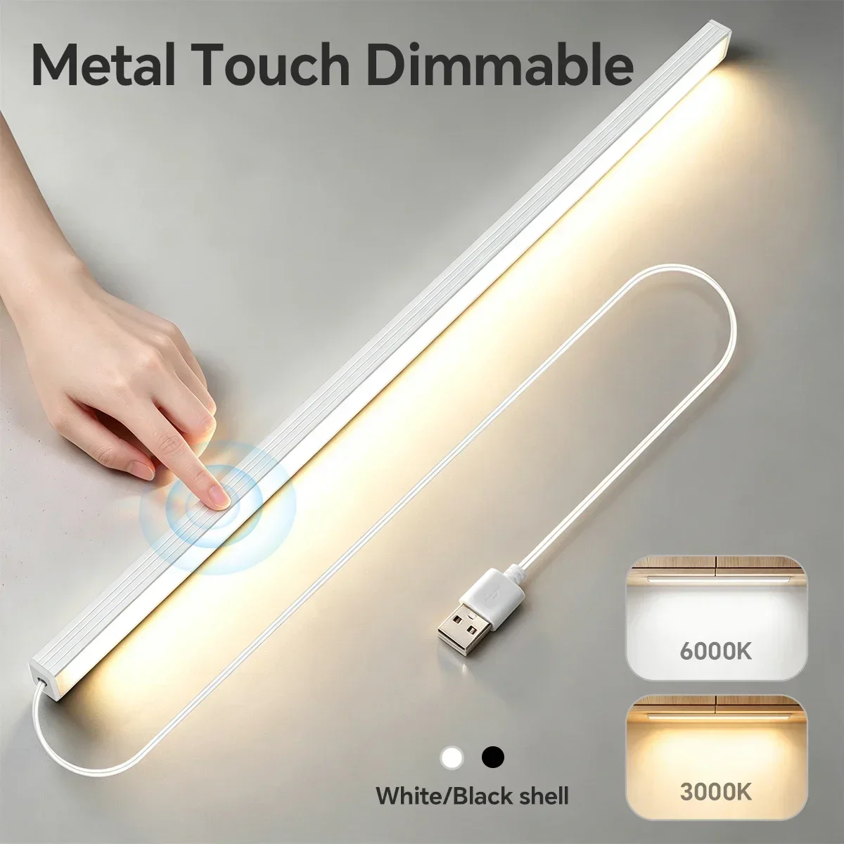 Metal Touch USB LED Under Cabinet Light Bar Warm White & Cool White, Aluminum Casing Easy Mount, for Kitchen Wardrobe Study Desk