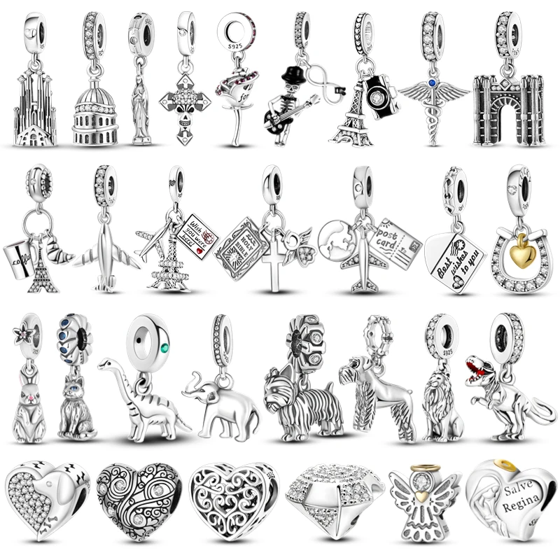 925 Sterling Silver Charms Tower Angel Wings Gothic Style Pendant Fit 4MM hole diameter Bracelet for Women DIY Jewelry Making