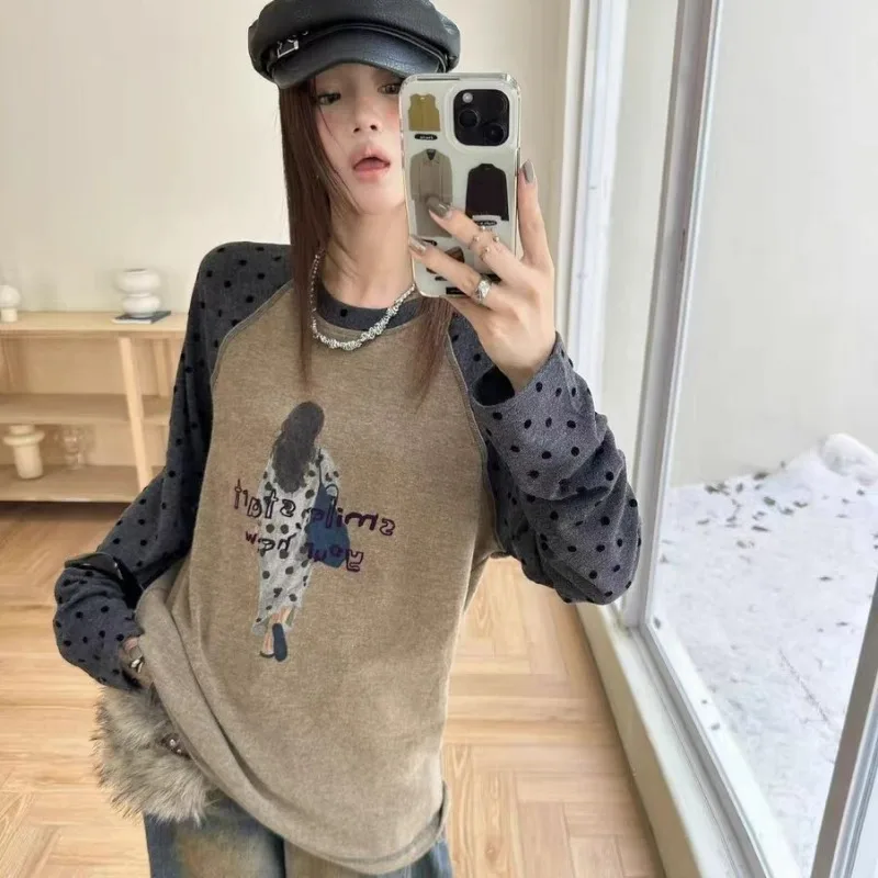 Women Vintage Figure Print Polka Dot Raglan Long Sleeve T Shirt Crew Neck Loose Brushed Casual Top S-4XL