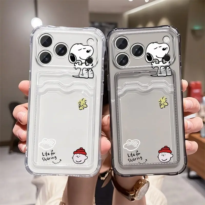 Anime Snoopy Soft Card Slot Pocket Phone Case Protective Case for IPhone 15 14 17 16 Pro Max Plus Transparent Protective Case