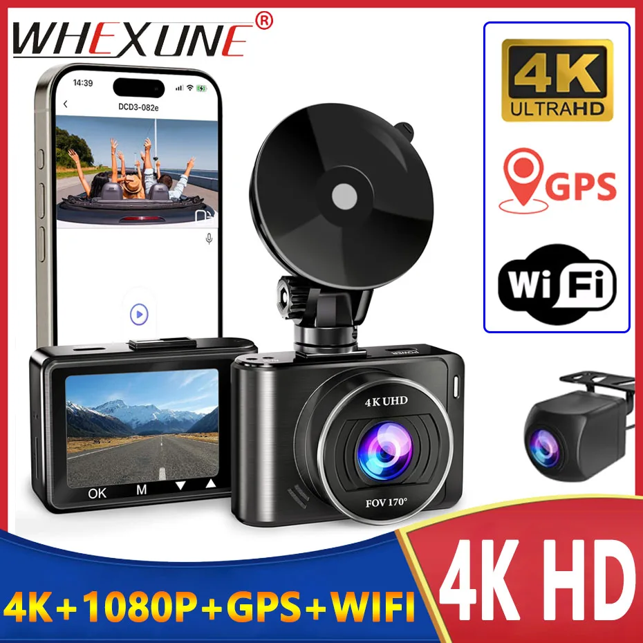 

UHD 4K Dash Cam Dual Lens Driving Recorder Car DVR 1080P Rear Lens Camera Built-In WiFi GPS 24-Hour Parking Monitoring Black Box