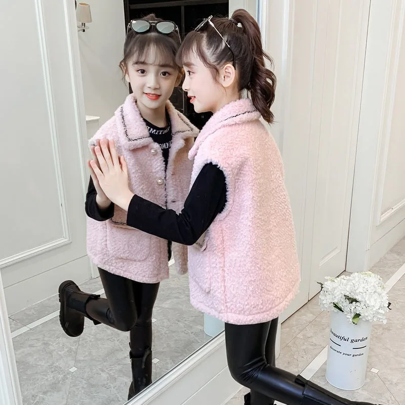 Kids' Goat Wool Vest 2025 Spring Autumn Stylish Girls' Jacket Outerwear Warm Cuddly Layering Piece for Kids Ages 6-12