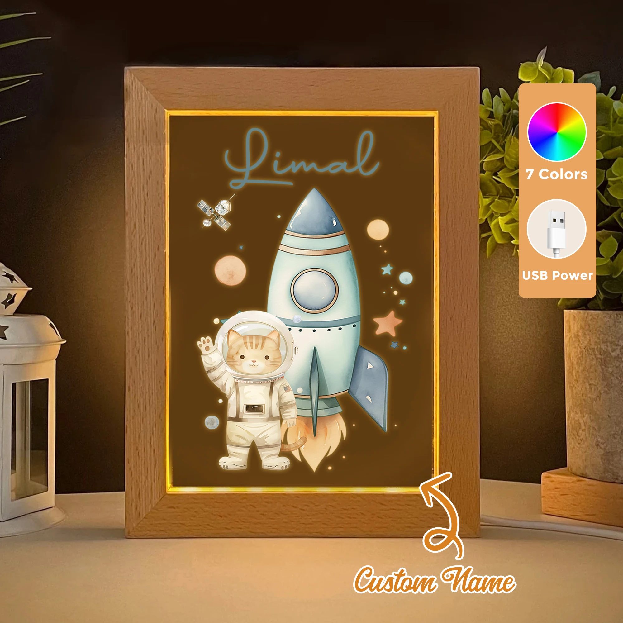 

2D Flat Custom Name Kitten Astronaut LED Acrylic Night Light Wood Photo Frame 21x17cm Cartoon Children Bedroom Gifts Home Decor
