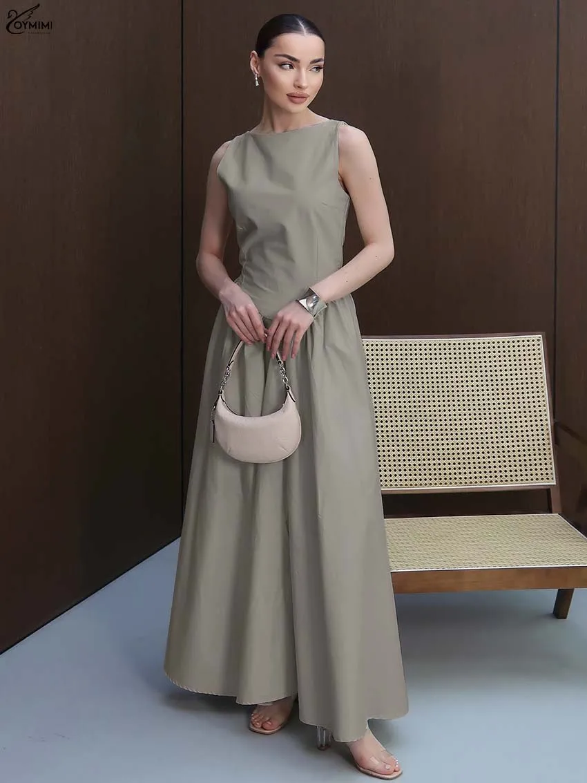 

Oymimi Casual Grey O-Neck Dresses 2025 Woman Autumn Sleeveless High Waisted Dresses Fashion New Zipper Loose Ankle-Length Dress