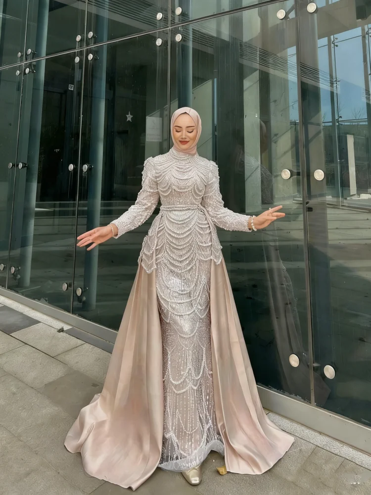 ชุดเดรสแชมเปญแบบใหม่สั่งตัดได้ พร้อมชายกระโปรงถอดได้ ชุดเดรสสำหรับงานพิธีการแบบมุสลิม ทรงเมอร์เมด ชุดราตรี
