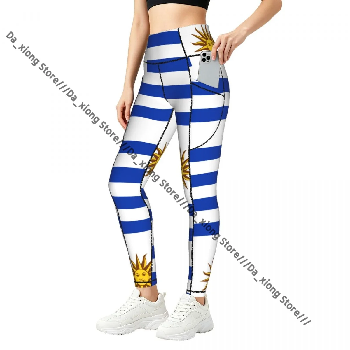 

High Waist Hip Lift Yoga Pants Women With Pockets Flag Of Uruguay Print Gym Wear
