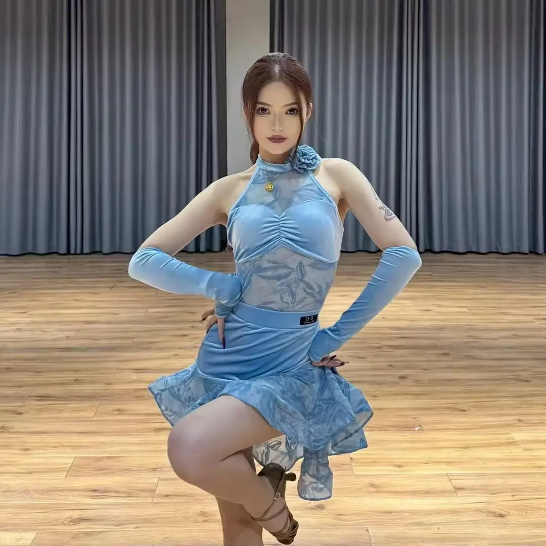 Sexy Adults Latin Dance Women Blue Hanging Neck Print Top Fishbone Skirt Samba Practice Clothes Performance Costumes DN24087