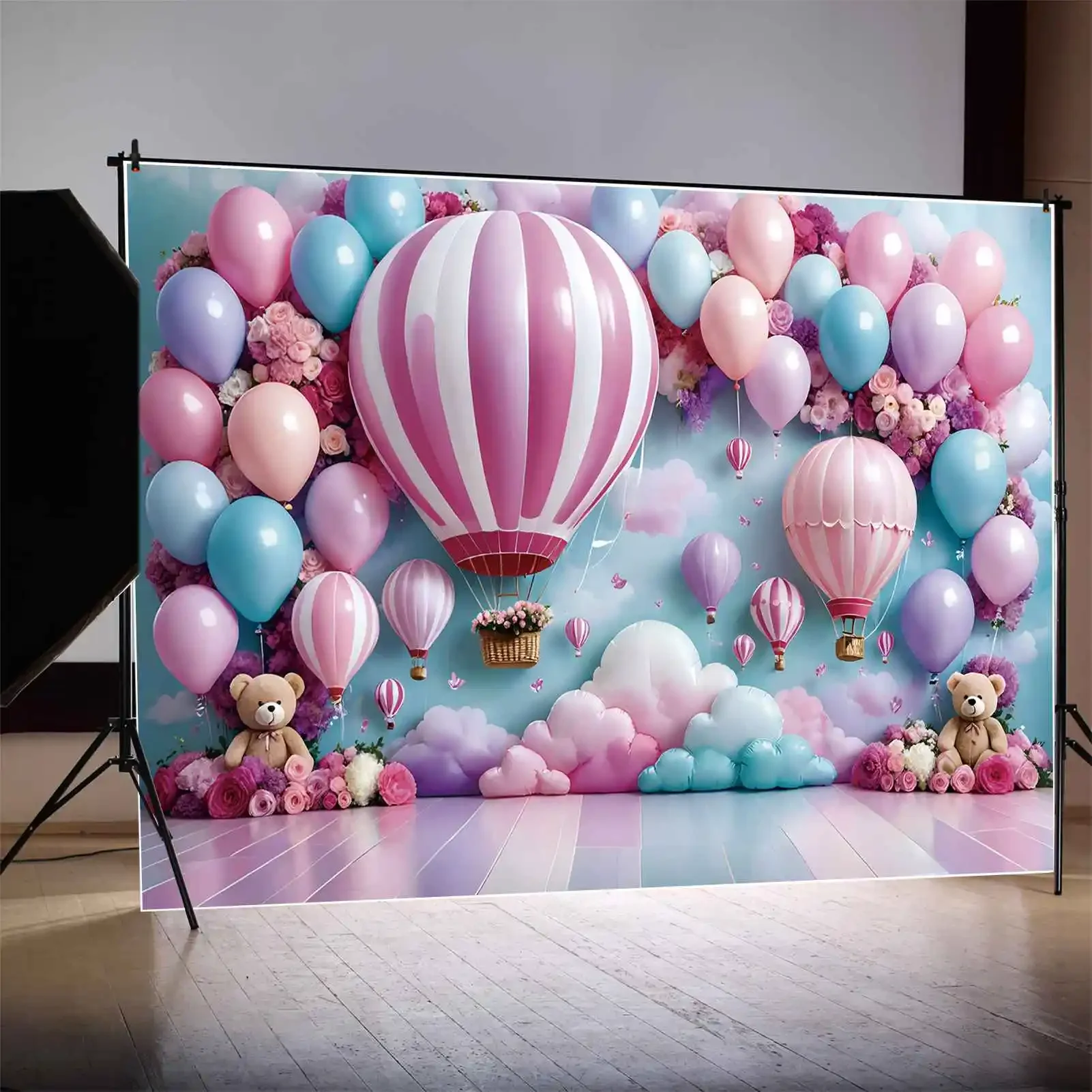 MOON.QG Backdrop Baby Shower Shooting Photography Props Background Hot Air Balloon Teddy Bear Happy Birthday Party Banner Decor