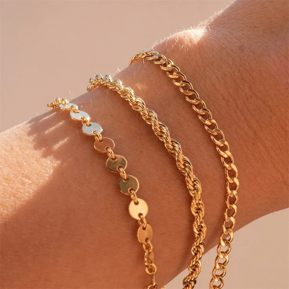 Women's Bracelets Layered coin chain Cuban chain Twisted chain Stainless steel gold color Luxury designer jewelry 3-piece set