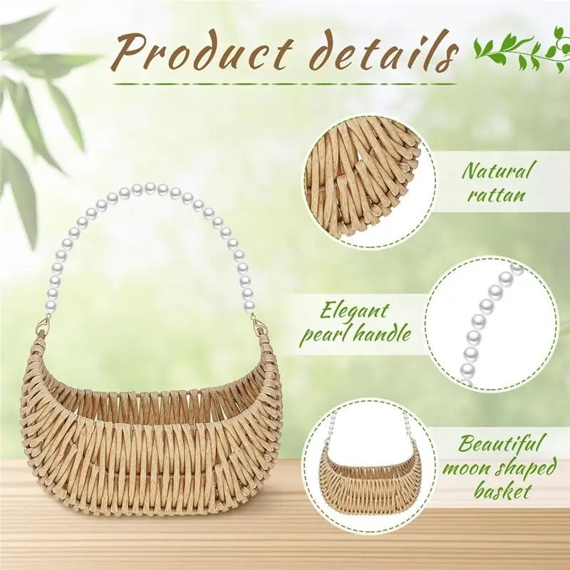 Keranjang Gadis Pengiring Pengantin BAAG-Rattan Dengan Pegangan Mutiara - 2 Buah Keranjang Rotan Setengah Lingkaran Kecil Untuk Penggunaan Pernikahan Piknik Taman