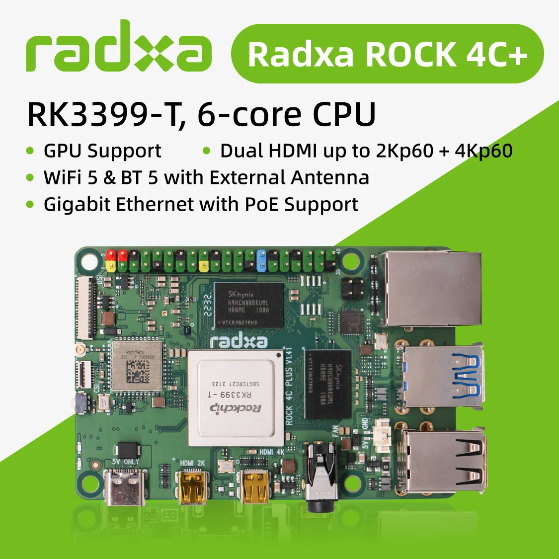 Radxa ROCK 4C+ RK3399-T, 6-core CPU SBC, HDMI with 4K Output, WiFi 5 and Gigabit Ethernet, Single Board Computer