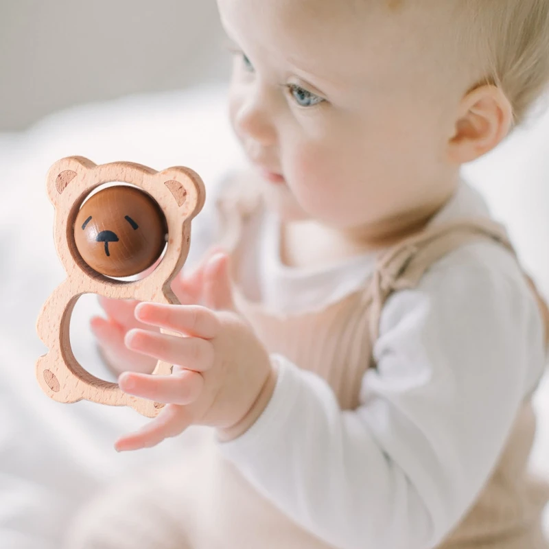 Sonajero de oso de dibujos animados de madera para bebé, juguete para masticar y moler dientes para recién nacidos, juguetes musicales para cuna sin BPA, juguetes relajantes, regalo de Navidad para bebé