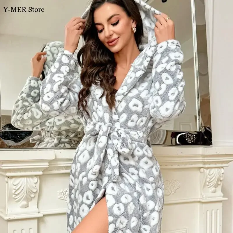 

Coral Fleece Bathrobe Kimono Gown Grey Leopard Print Robe Intimate Lingerie Long Sleeve Pajamas Hooded Nightgown Loungewear