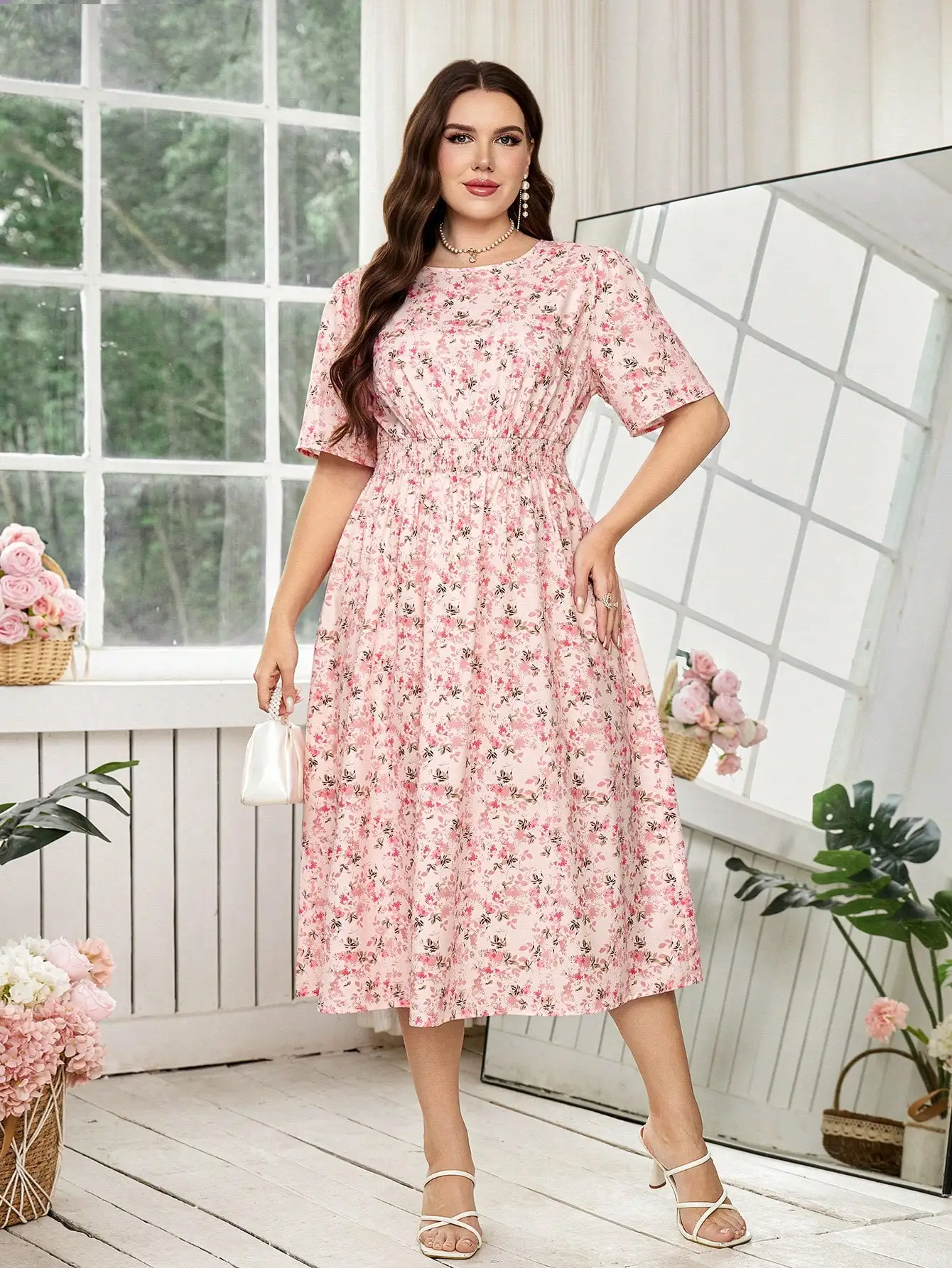 

Elegant Plus Size Floral Print Midi Dress For Women Summer Garden Party