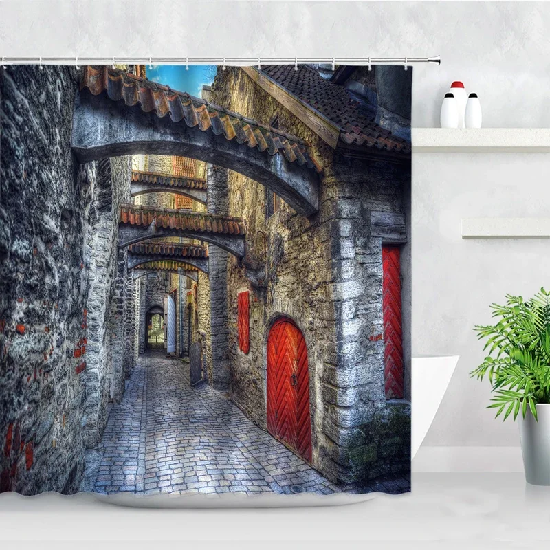 Medieval European Retro City Shower Curtain Stone Old Building Red Door Antique Home Bathroom Decor Waterproof Cloth Curtains