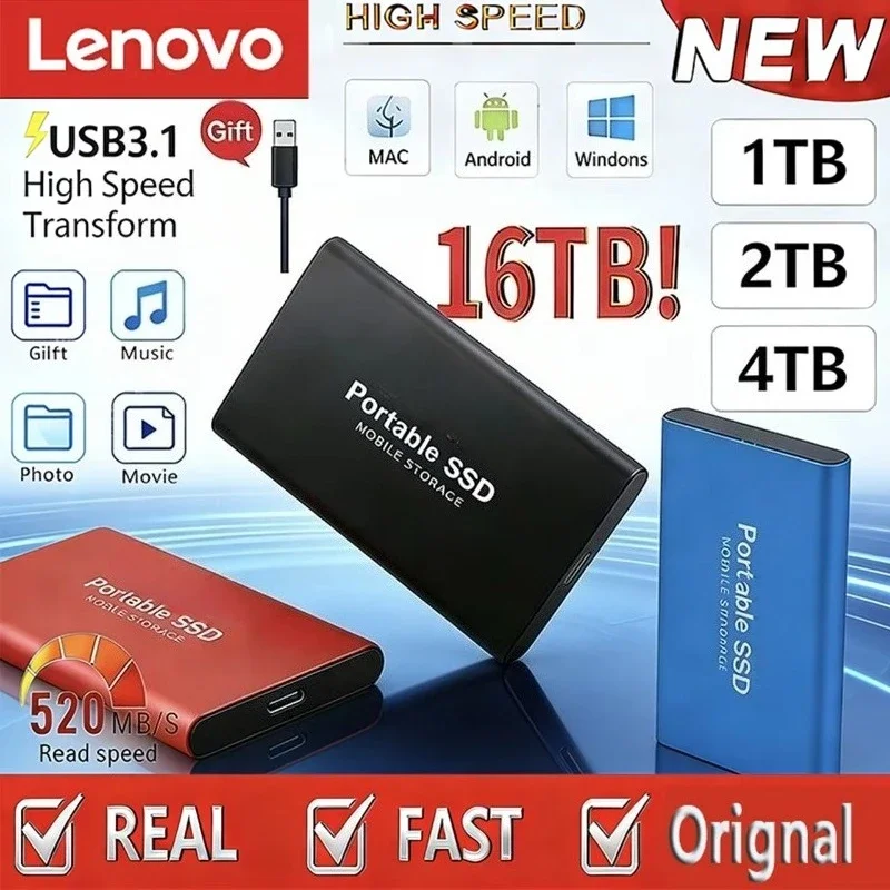 

Внешний жесткий диск Lenovo 4 ТБ: высокопроизводительный, надежный, с быстрой передачей данных, SSD-накопитель 16 ТБ для ПК/ноутбуков/Mac/телефонов