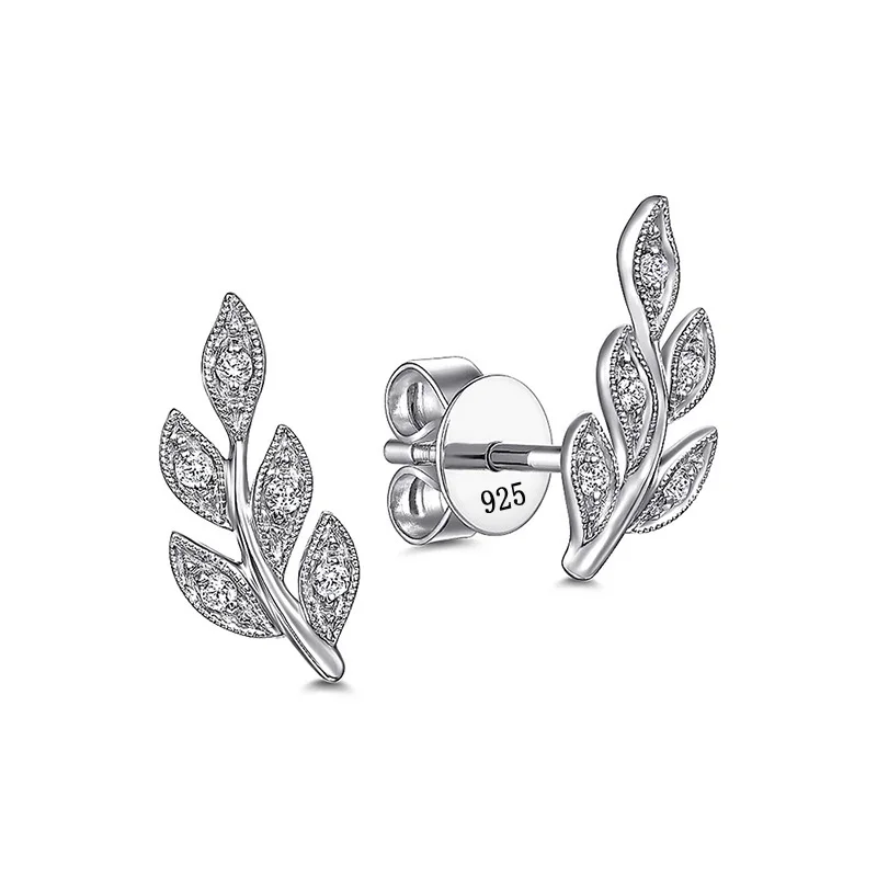 Fancy 925 Sterling Silver Leaf Shaped Zircon Stud Earrings Wedding for Women Daily Wear Minimalist Gift Statement Jewelry Gift