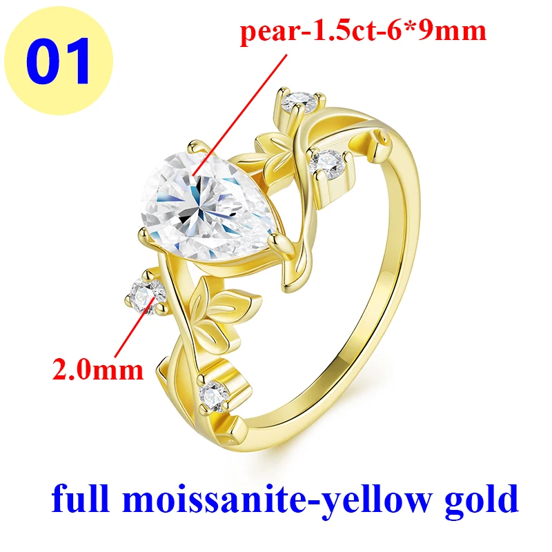 1.5CT كامل مويسانيتي D اللون VVS1 الماس الكمثرى المرأة خاتم S925 الفضة مطلي 18K الذهب الأصفر خواتم مجوهرات للنساء