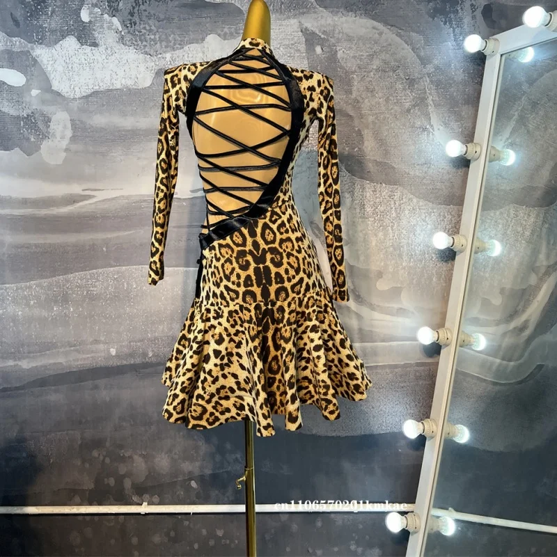 Women's Sexy Leopard Print Latin Dance Dress, High Neck Cutout Long Sleeve Ruffle Skirt for Ballroom Salsa Cha Cha Practice Perf