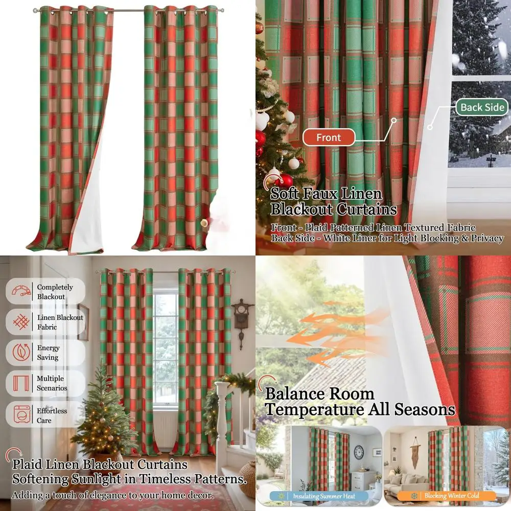 

Red and Green Boho Farmhouse Linen Gingham Curtains, 52x96 Inches, Blackout Insulated, for Living Room and Bedroom