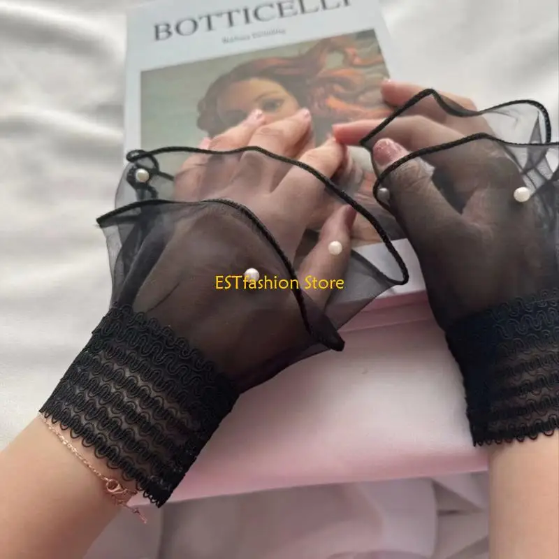 Y5GC Handcrafted Sheer Lace Gloves Detachable Sleeve Extenders Pearls Beaded Layered Mesh Wrist Cuffs Lightweight Formal Wear