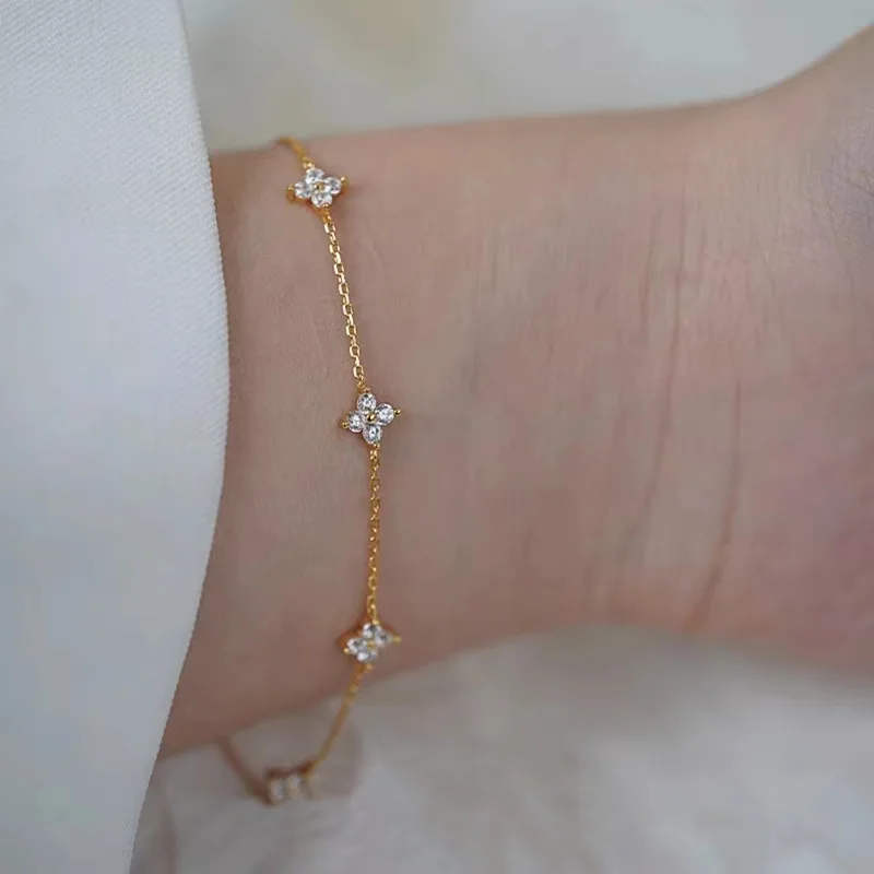 CCFJOYAS-pulsera de plata de ley 100% 925 para niña, brazalete minimalista de circonita con flores, chapado en oro de 18k, joyería fina