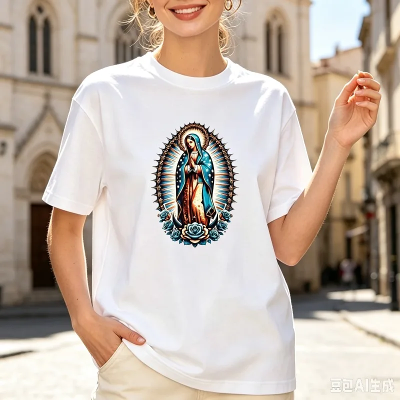 Mexican Our Lady Of Guadalupe Blue Rose T-Shirt 100% Cotton Women Crewneck Short Sleeve Religious Rose Flower Graphic Tee