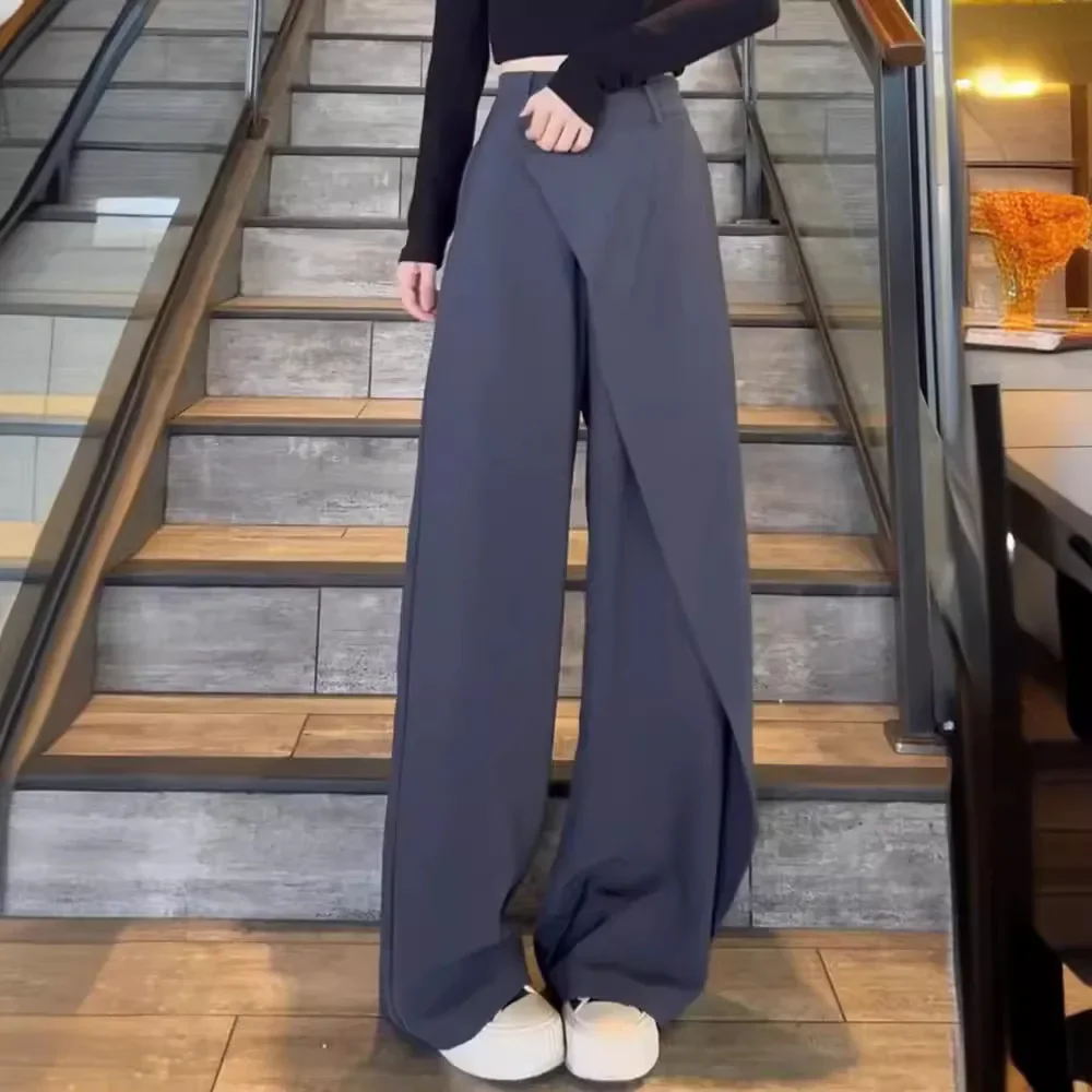 النسخة الكورية Ins سراويل بدلة ركاب بسيطة بتصميم غير منتظم سراويل مستقيمة واسعة الساق سراويل فضفاضة للشارع