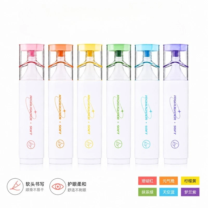 6 Colors Soft Head Highlighter Eye Protection Stationery Fluorescent Pen Pastel Color Art Painting Pen School Office