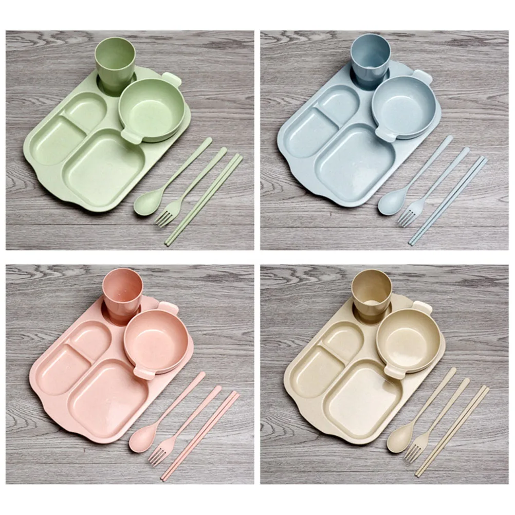 

6pcs Wheat Straw Tableware Set Eco-Friendly Unbreakable Kids Dinnerware Lightweight Dishwasher Safe Fiber Bowl Plate Cup Spoon