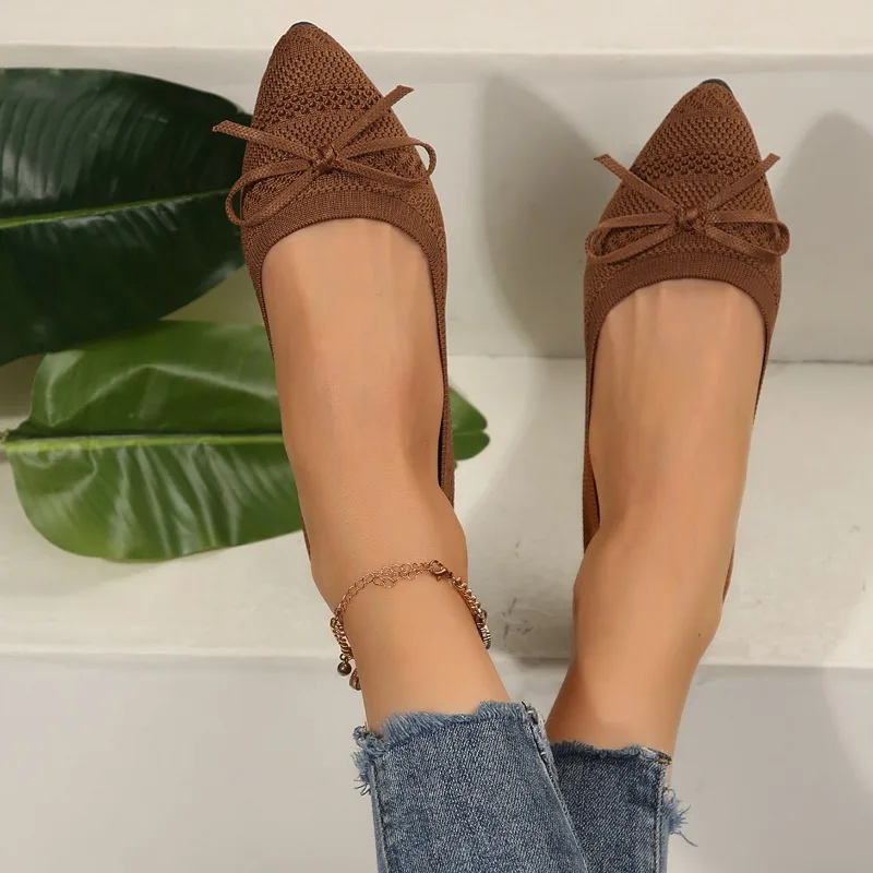 Pointed bow flying Daily Walking flat shoes women's summer casual bean shoes knitted soft sole knitted women's shoes large size