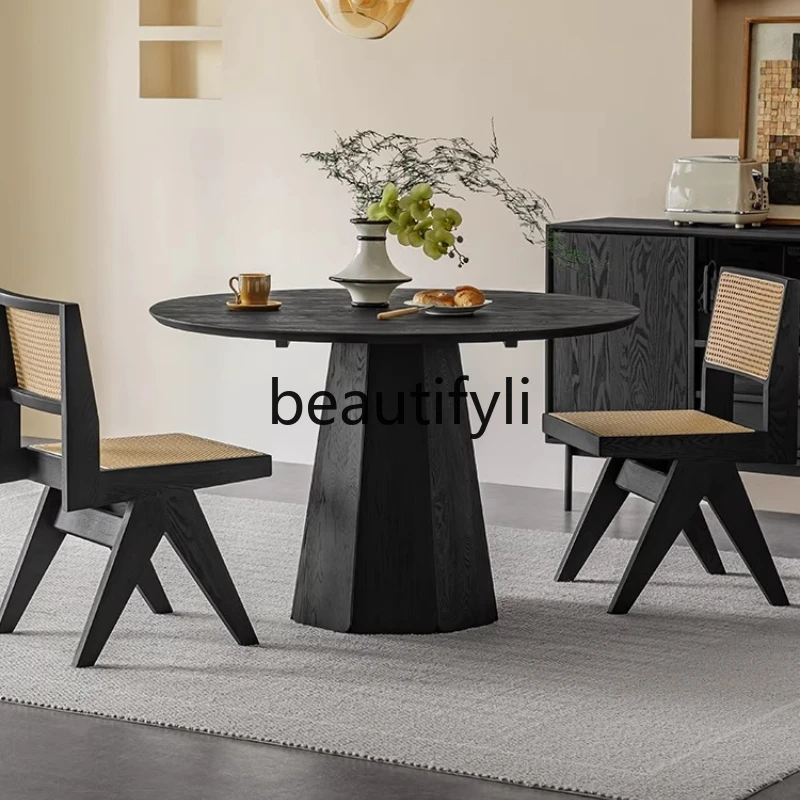 

Round table wabi-sabi wind solid wood black ash wood round dining table combination restaurant home
