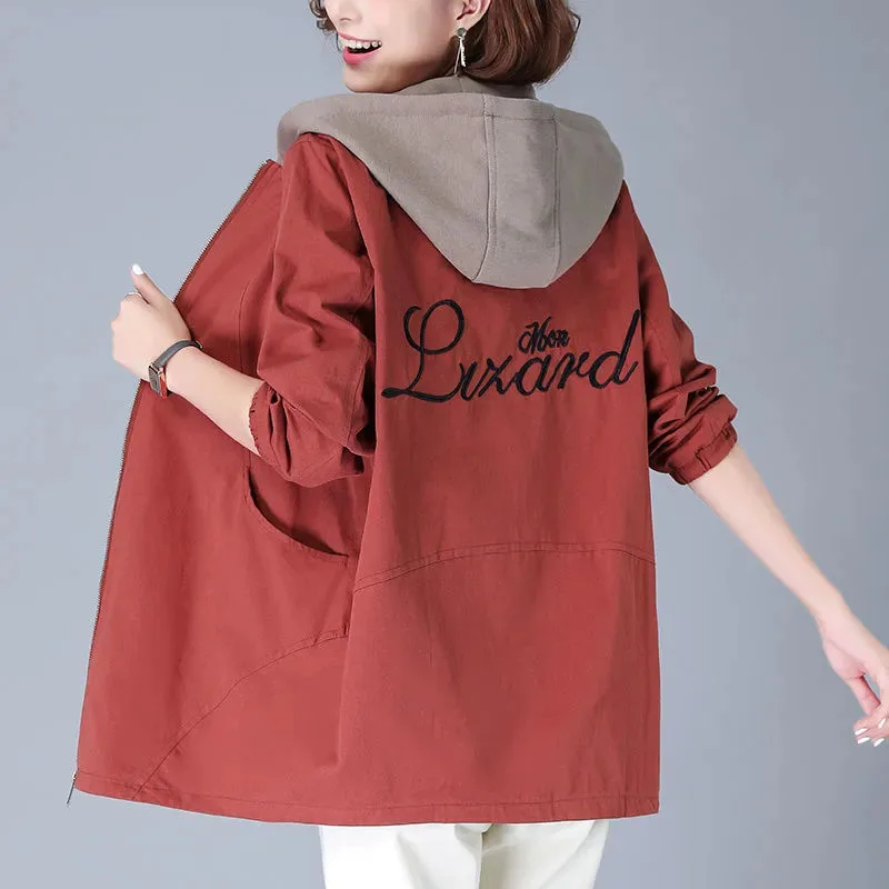 Cotton Double-layer Color-blocking Trench Coat Women's Mid-length  Spring And Autumn New Korean Version Loose Hooded Thin Coat