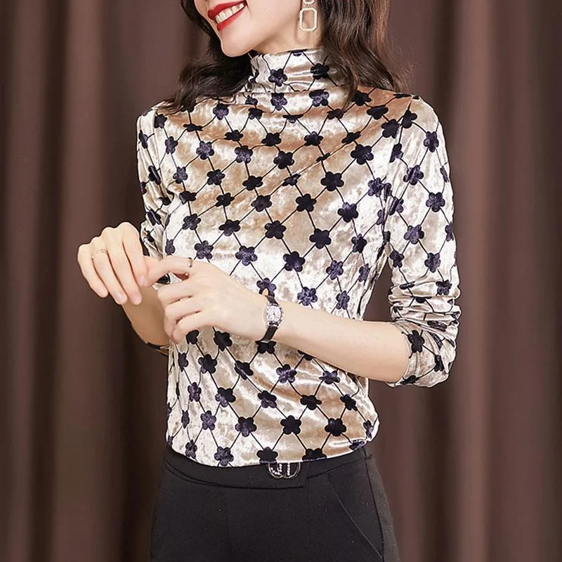 Vintage Flower Print Thicken Pleuche Half High Collar Elegant Basic Ladies Tops Autumn Winter Women Korean Fashion Slim T-shirts
