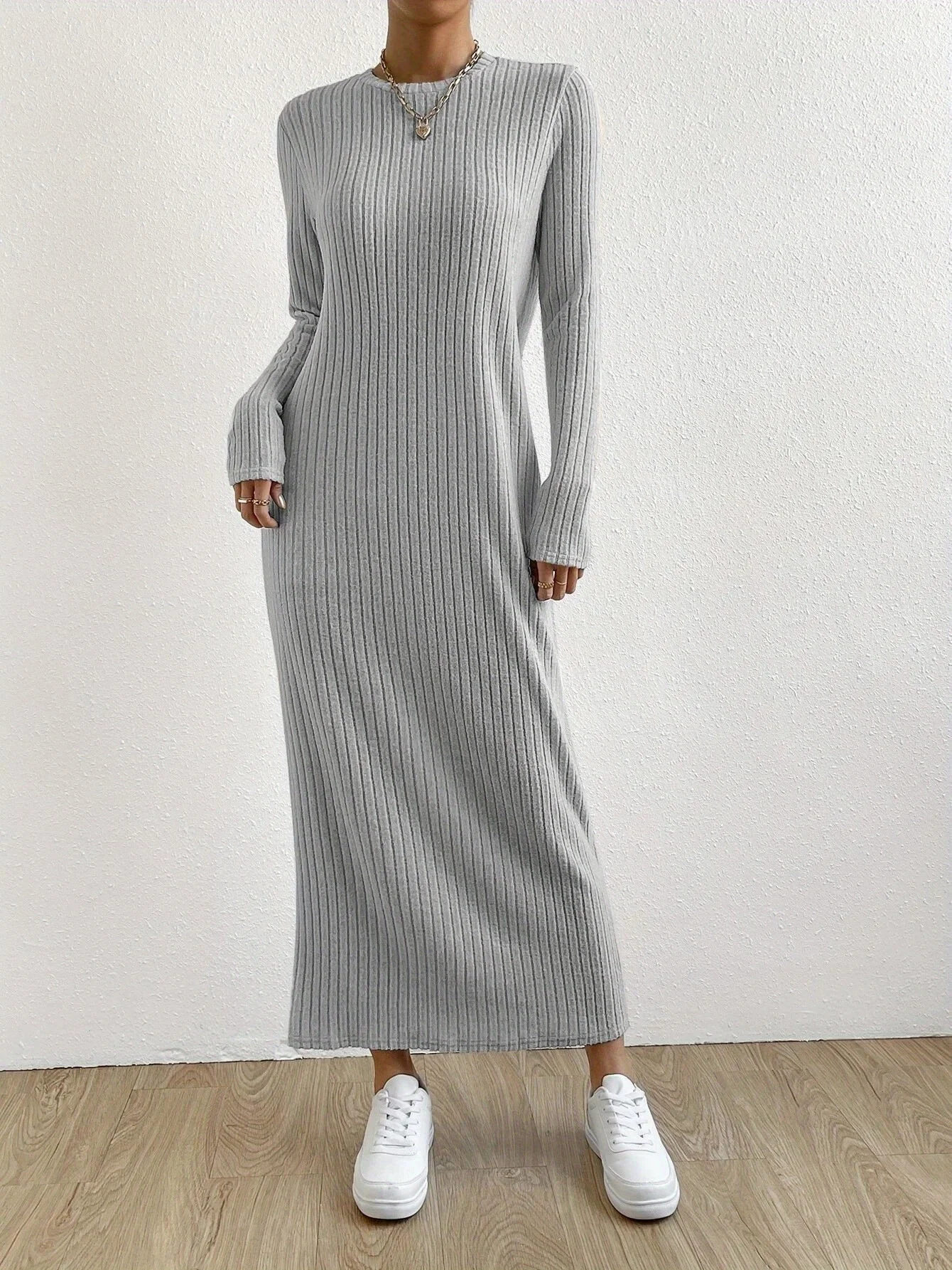 Elegant ribbed long sleeve slim fit dress - Round neck, solid color, polyester - For casual everyday wear