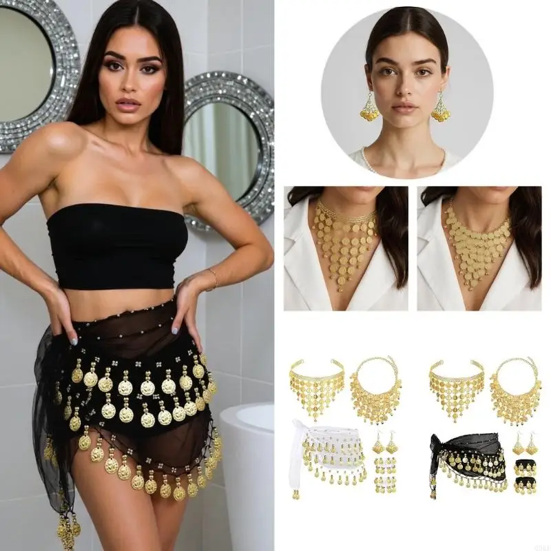 

Q0KE Women Belly Dance Accessories Includes Gold Hip Scarf Headband Earrings Necklace Wrist Band for Dancing Party