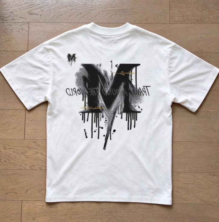 2026 new Dripping Ink Large Letter M Graffiti Back Graphic T Shirt Unisex White Short Sleeve Streetwear Casual Loose Daily Top