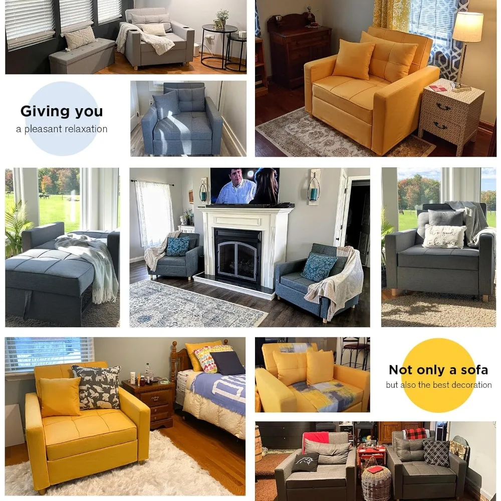 Sleeper Chair, 3-1 Convertible Chair Bed Pull Out Single Sofa Bed with Adjustable Backrest, 2 Pillows, Side Pocket,