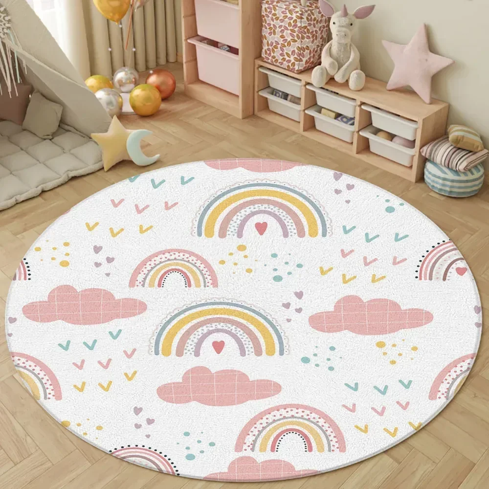 Print Round Carpet – Pretty Rainbow Design Kids Rug for Living Room, Bedroom, Washable Home Mat, Leisure Decor