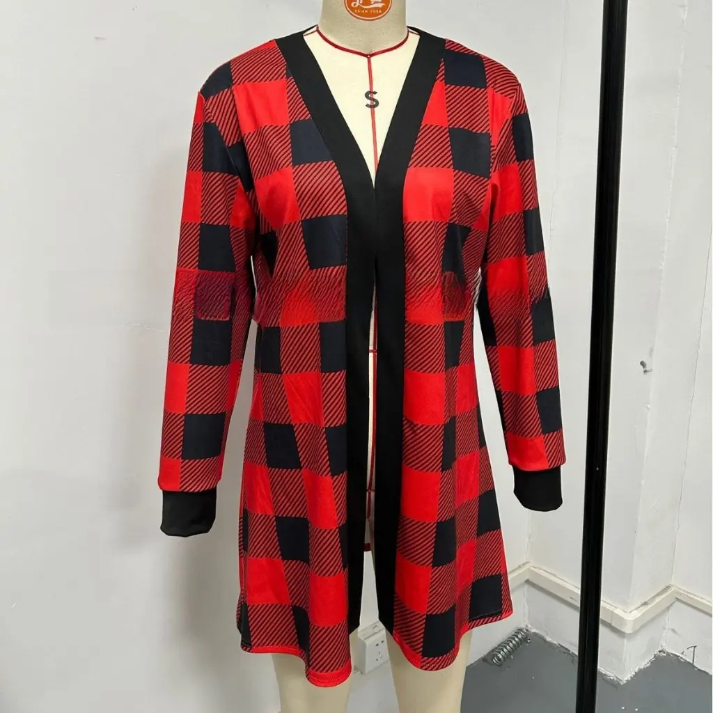 

Women's Fashion Casual Long-Sleeved Cardigan Coat European American Style Random Printing Christmas Plaid for Ladies