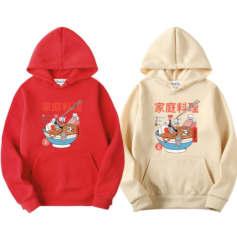 

Ramen Cats Japanese Anime Characters Print Women Men Hoodie Polyester Pullover Pockets Thin Loose Autumn Sweater